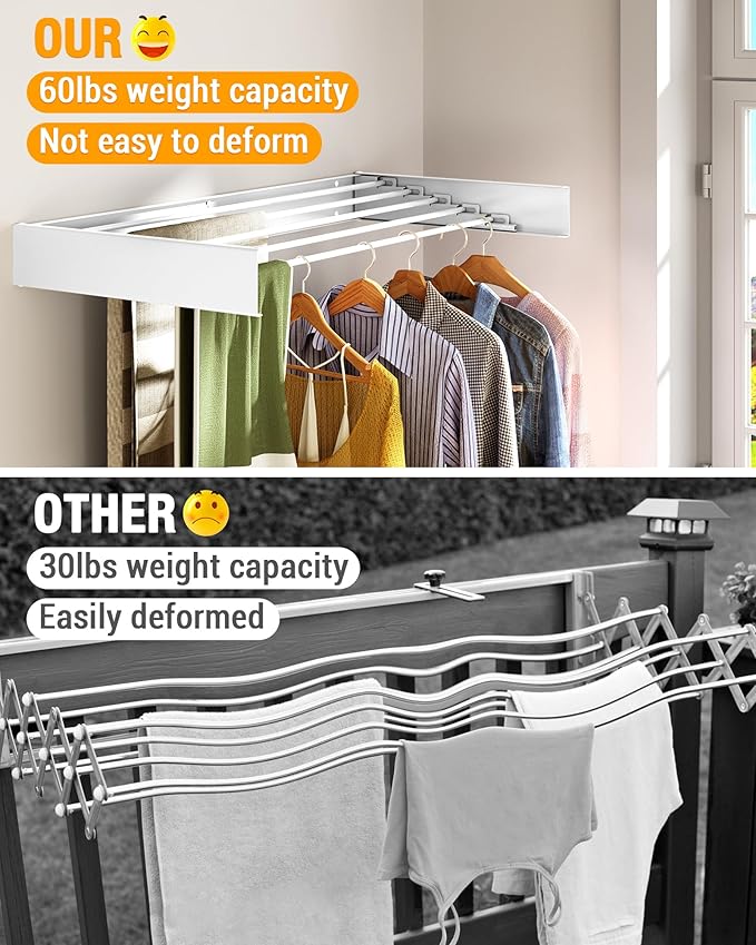 Wall Mounted Drying Rack 31.5", 5 Aluminum Poles, 60 lb. Load Capacity, Foldable, Retractable, Space Saving Clothes Drying Rack (31.5" White)