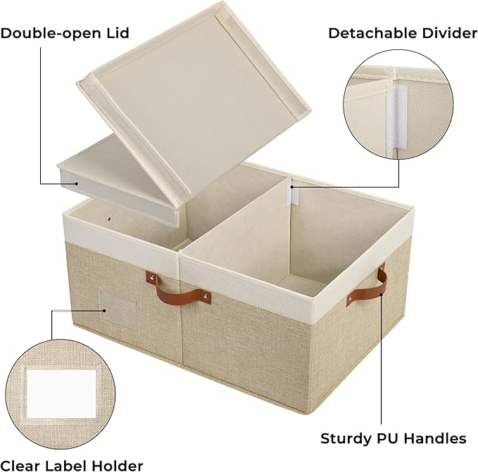 GRANNY SAYS Decorative Storage Boxes with Lid, Large Storage Bins with Label, 63L Fabric Storage Bin for Clothes, Toy Storage Chest, Memory Keepsake Box, White/Khaki