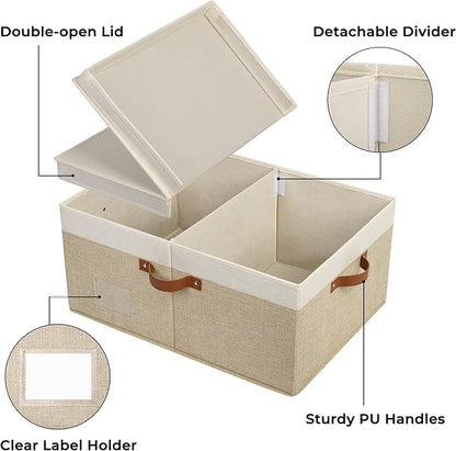 GRANNY SAYS Decorative Storage Boxes with Lid, Large Storage Bins with Label, 63L Fabric Storage Bin for Clothes, Toy Storage Chest, Memory Keepsake Box, White/Khaki
