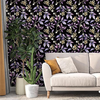 Dark Peel and Stick Wallpaper Vintage, Black Purple Leaf Removable Self-Adhesive Vinyl for Bathroom Bedroom Kitchen Drawer Cabinet, Golden Floral Pattern Wall Decor Retro Style 17.5" x 118"
