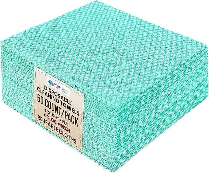 50 Count Disposable Cleaning Cloths, Green - 13.8"x15.8" Ultra Absorbent Towels for Kitchen, Stove & Bathroom - Multi-Purpose Soft Dish Cloths