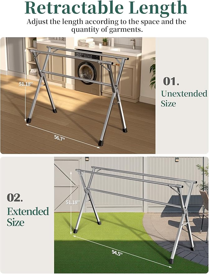 95 Inches Heavy-Duty Stainless Steel Folding Clothes Drying Rack Clothing Indoor Outdoor Anti-Rust 20 Windproof Hooks Portable & Foldable Laundry Rack (95'')