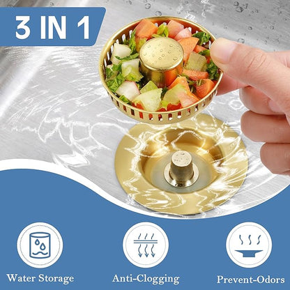 Kitchen Sink Drain Strainer 3 in 1, 304 Stainless Steel Pop Up Sink Stopper, Anti-Clogging Sink Drain Strainer for US Standard Kitchen Drain (Gold)