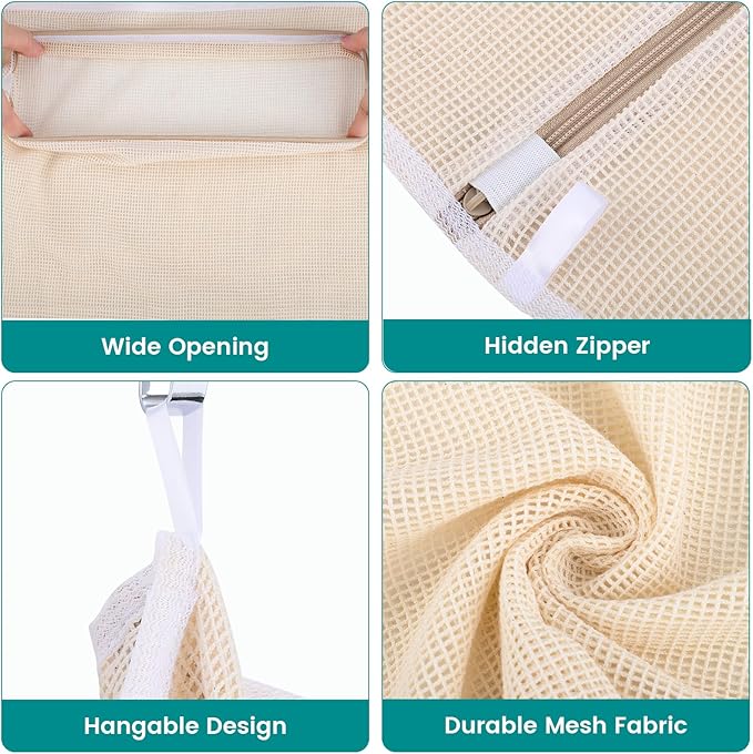Dntorx 6Pcs Durable Cotton Mesh Laundry Bags for Delicates, 12×16in+16*20in+20*24in Breathable Laundry Mesh Wash Bags with Sturdy Zipper for Delicates, Clothes, Pants, Underwear, Bra, Socks (M+L+XL)