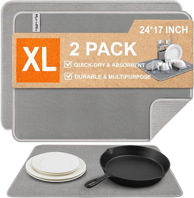 Dish Drying Mat 24 x 17 in, Large Microfiber Drying Mats, Absorbent Quick Dry Pad for Kitchen Counter, Countertop Protector for Dishes, Pots & Pans, Machine Washable, Gray (2 PCS)