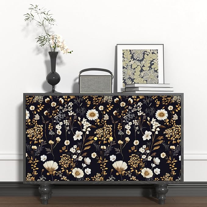 Floral Peel and Stick Wallpaper Vintage Black gold Flower Contact Paper Vinyl Waterproof Self Adhesive Removable Retro Decor Dark Botanical Wall Paper for Bedroom Walls Bookcase Drawers 17.5" x 393"