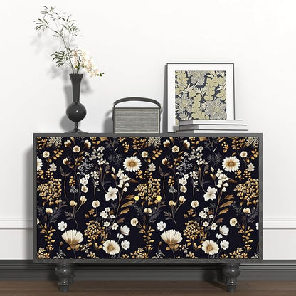 Floral Peel and Stick Wallpaper Vintage Black gold Flower Contact Paper Vinyl Waterproof Self Adhesive Removable Retro Decor Dark Botanical Wall Paper for Bedroom Walls Bookcase Drawers 17.5" x 393"