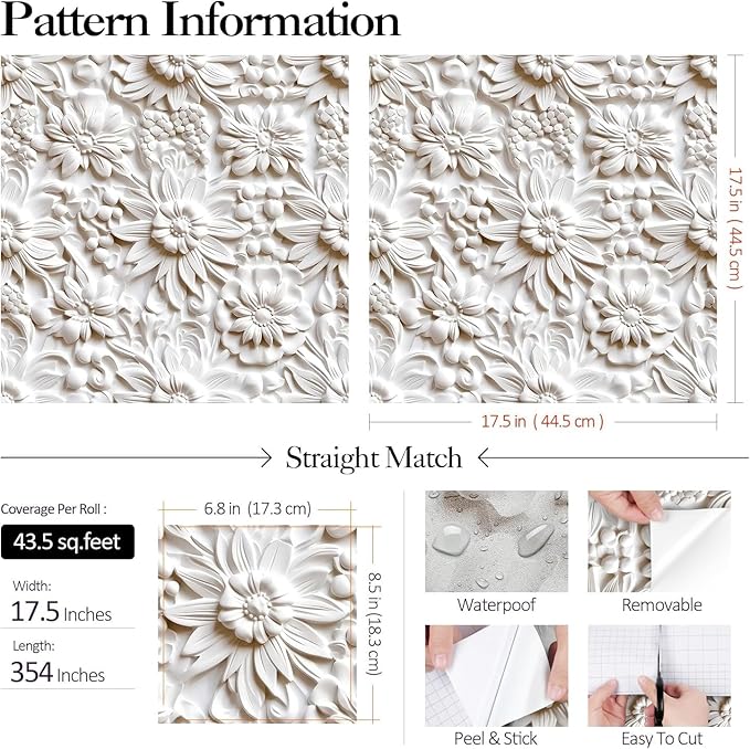 FunStick 17.5"x354" Cream White Peel and Stick Wallpaper Faux 3D Embossed Floral Wallpaper Self Adhesive Wallpapers for Bedroom Living Room Wall Panels White Floral Contact Paper for Walls Cabinets