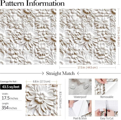 FunStick 17.5"x354" Cream White Peel and Stick Wallpaper Faux 3D Embossed Floral Wallpaper Self Adhesive Wallpapers for Bedroom Living Room Wall Panels White Floral Contact Paper for Walls Cabinets