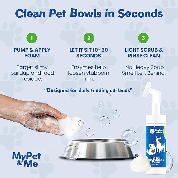 My Pet & Me Pet Bowl Cleaner Mousse, Enzyme Foaming Dog & Cat Bowl Cleaner with Built-in Brush, Rinse-Clean Pet Safe Formula for Water Fountains & Toys