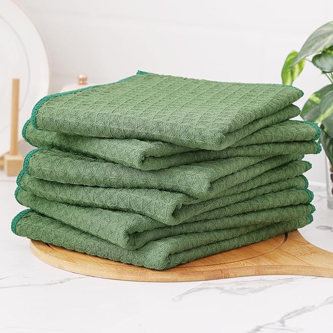 Homaxy Microfiber Waffle Weave Kitchen Towels, 16 x 28 Inch Ultra Absorbent and Solid Color Dish Towels, 6 Pack, Grass Green
