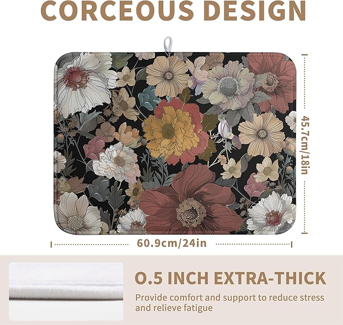 Spring Boho Floral Dish Drying Mats Spring Summer Vintage Flowers Dish Mat Farmhouse Drying Matt Dishes Dryer Pad for Kitchen Counter Absorbent Microfiber Washable Foldable Reusable 18x24 in
