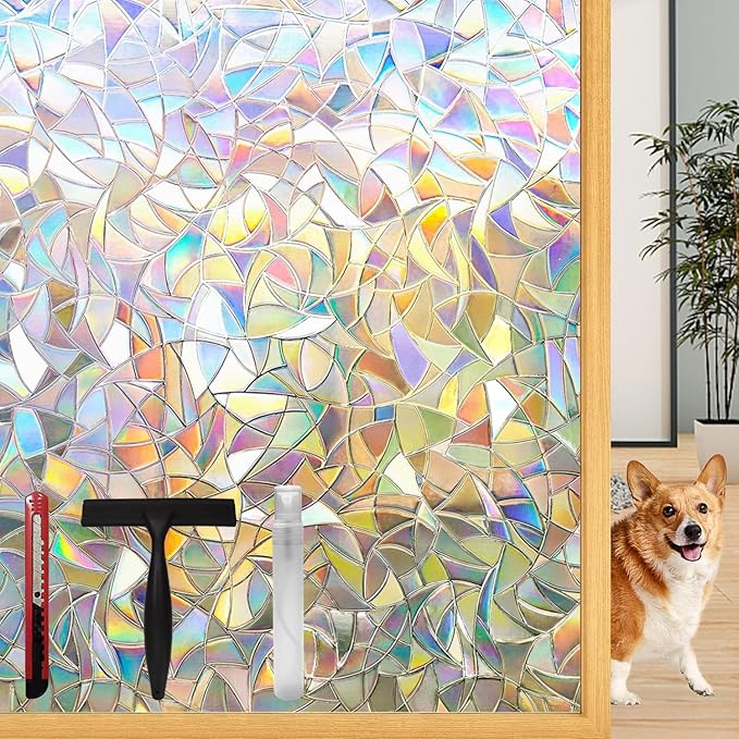 Rainbow Window Privacy Film with Installation Tools, 3D Decorative Vinyl, Stained Glass Decals, Removable, Peep-Proof, Static Cling, Heat Control (23.6 x 78.7 Inch)