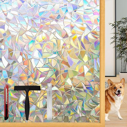 Rainbow Window Privacy Film with Installation Tools, 3D Decorative Vinyl, Stained Glass Decals, Removable, Peep-Proof, Static Cling, Heat Control (29.5 x 78.7 Inch)