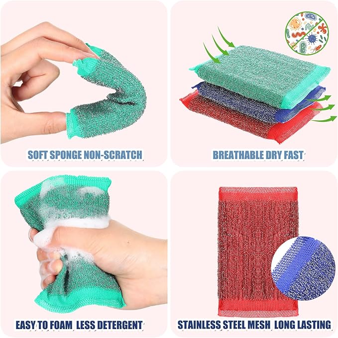 Roshtia Steel Wool Scrub Sponges for Kitchen, 16 Pack Non-Scratch Dish Sponges Multipurpose Cleaning Scrubbers for Dishes, Pots, Pans and Hard Stains, Color Random