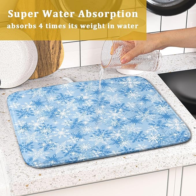 Winter Snowflake Dish Drying Mat for Kitchen Counter Blue White Christmas Snowflake Drying Mat 16x18 Inch Xmas Holiday Absorbent Dish Drainer Mat Christmas Kitchen Accessories