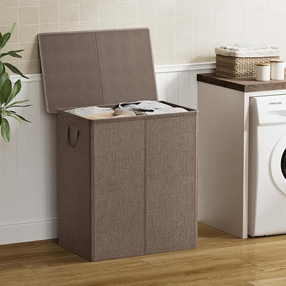 Chrislley 140L Laundry Hamper 2 Section, Double Laundry Basket with Lid, Large Dirty Clothes Hamper with Removable Liner Bags, Collapsible Laundry Organizer for Bedroom, Dorm,Brown