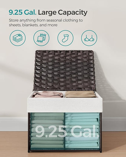 SONGMICS Storage Basket with Lid, Woven Blanket Storage Bin with Handles, Foldable, Removable Liner, Metal Frame, for Bedroom, Laundry Room, 9.2 Gallons (35 L), Brown URST040K01
