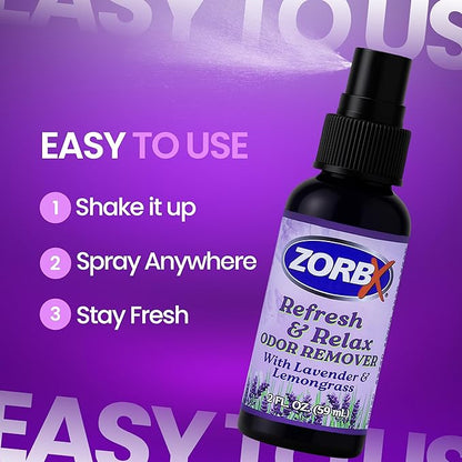 ZORBX Refresh & Relax 2 Oz Odor Remover Spray with Lavender & Lemongrass – Permanent Solution Room Freshener & Air Freshener Spray for Home, Bathroom, Furniture, Carpet, Car, Gym & Laundry