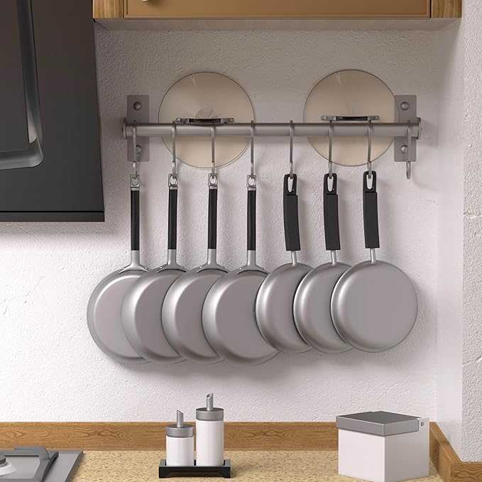 Dseap Kitchen Utensil Holder Hanger, Pot and Pan Rack Wall Mounted, Kitchen Rail with 8 Hooks for Hanging Cooking Utensils, Mugs, Spoons, Wall Mounted, Silver