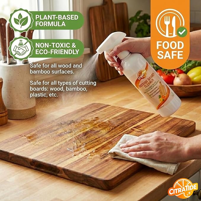Cutting Board Cleaner Spray – Food Safe Cleaner & Conditioner for Wood, Bamboo, plastic cutting boards & Butcher Blocks – Plant-Based Citrus Power, Non-Toxic, USA Made (16 fl oz)