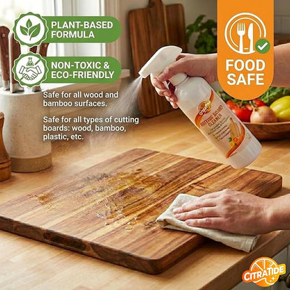 Cutting Board Cleaner Spray – Food Safe Cleaner & Conditioner for Wood, Bamboo, plastic cutting boards & Butcher Blocks – Plant-Based Citrus Power, Non-Toxic, USA Made (16 fl oz)