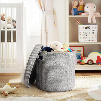 Storage Basket with Lid, Woven Blanket Storage for Living Room, Soft Cotton Rope Bin with Lid, Round Wicker Laundry Basket with Cover, Lidded Kid Dog Toy Box, Nursery Organizer, 15"x13", Gray