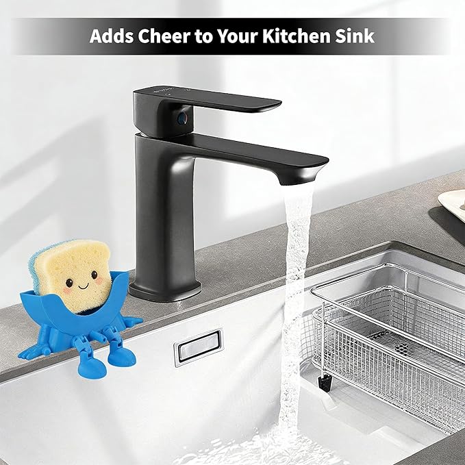 Cute Hanging Sponge Holder, Drainable Kitchen Sink Organizer, Scrub Sponge Stand Storage Rack with Smiley Design, Sink Accessories (Blue)