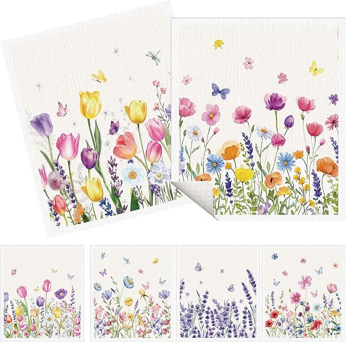 Spring Swedish Dishcloths for Kitchen, 6 Pack Floral Swedish Dish Cloths Reusable Washable Absorbent Sponge Kitchen Towels for Spring Summer Seasonal Decorations Housewarming Gifts