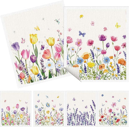 Spring Swedish Dishcloths for Kitchen, 6 Pack Floral Swedish Dish Cloths Reusable Washable Absorbent Sponge Kitchen Towels for Spring Summer Seasonal Decorations Housewarming Gifts
