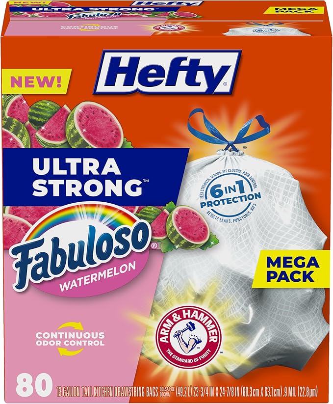Hefty Ultra Strong 13 Gallon Trash Bags, Tall Kitchen Trash Bags 13 Gallon Size, Resist Leaks, Punctures, and Rips, Continuous Odor Control, White, Fabuloso Watermelon Scent, 80 Bags