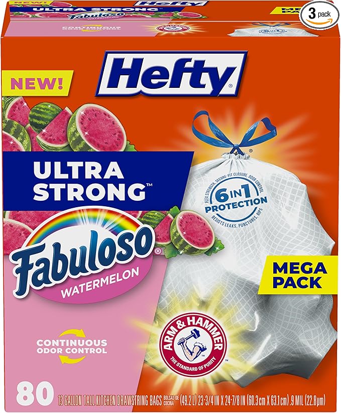 Hefty Ultra Strong 13 Gallon Trash Bags, Tall Kitchen Trash Bags 13 Gallon Size, Resist Leaks, Punctures, and Rips, Continuous Odor Control, White, Fabuloso Watermelon Scent, 80 Bags (Pack of 3)