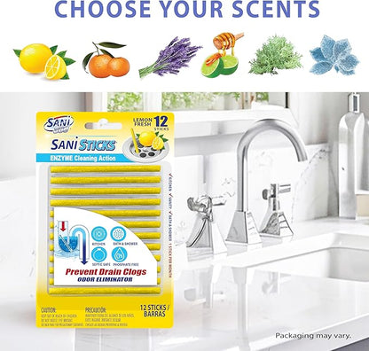 SANI 360° Sani Sticks Drain Cleaner and Deodorizer, 48 Count, Lemon Scent Enzyme Pipe Cleaners, Eliminate Odors, Prevent Clogged Drains, Safe for Sinks, Bathtub Drains, Septic Tanks