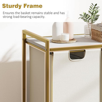 Laundry Hamper, double Laundry Basket, Laundry Sorter with Top Shelf & 2 Removable Washable Bags & Side Pockets for Laundry Room organization, Bathroom and Dorm, Gold and White