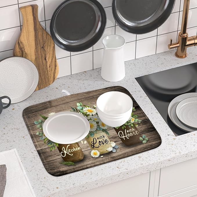 Flower Vase Dish Drying Mats 16x18 Inch Rustic Wood Reversible Microfiber Kitchen Countertop Protector Fast Dry Dish Drainer Rack Pad