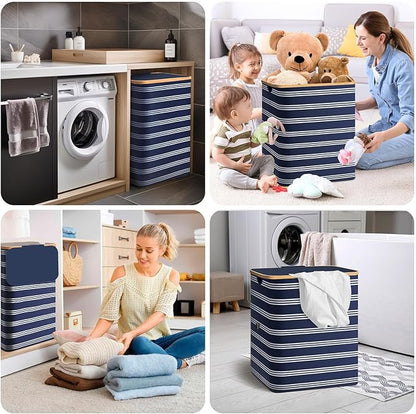BALEINE Laundry Hamper with Lid, Tall Laundry Baskets with Bamboo Pull Handles, Large Laundry Bin with Internal Support (18 Gal/70L, Blue Pinstripe)