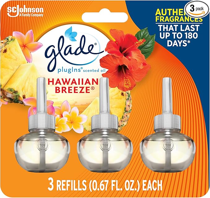 Glade PlugIns Refills Air Freshener, Scented and Essential Oils for Home and Bathroom, Hawaiian Breeze, 2.01 Fl Oz, 3 Count