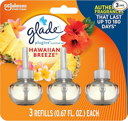 Glade PlugIns Refills Air Freshener, Scented and Essential Oils for Home and Bathroom, Hawaiian Breeze, 2.01 Fl Oz, 3 Count