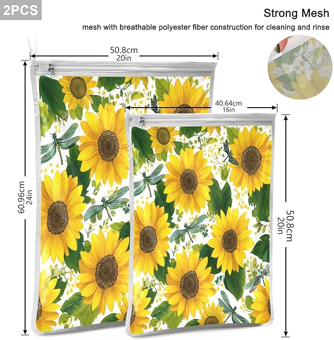 Mesh Laundry Bags Lingerie Bags for Washing Delicates 2 PCS Durable Wash Bag with Zipper Small and Medium Washable Cute Yellow Sunflowers and Dragonflies