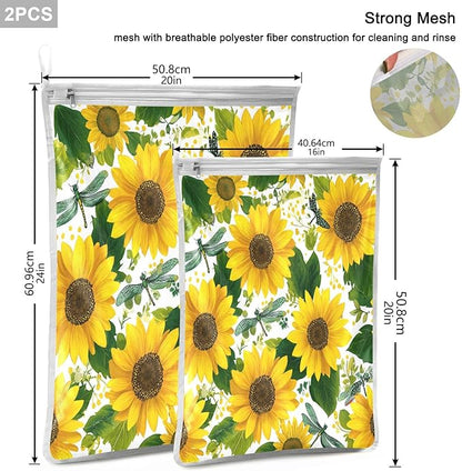 Mesh Laundry Bags Lingerie Bags for Washing Delicates 2 PCS Durable Wash Bag with Zipper Small and Medium Washable Cute Yellow Sunflowers and Dragonflies