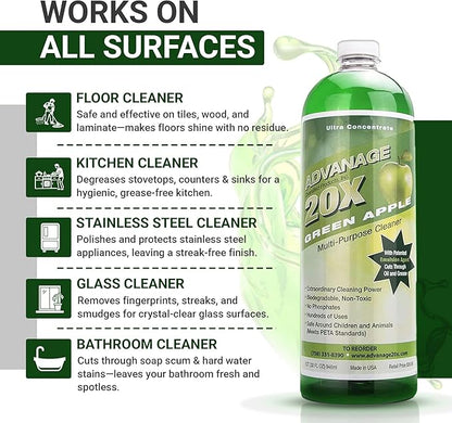 Advanage 20X All Purpose Cleaner Concentrate – Green Apple Eco-Friendly Heavy Duty Degreaser, Multisurface Cleaner for Bathroom, Kitchen, Floors, Household Cleaning Supplies, Made in USA, 32 Fl Oz