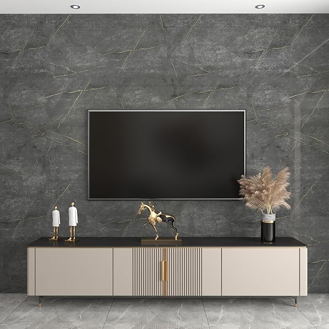 JSEVEM 31"×157" Extra Wide Thick Darker Grey Cyan Gold Pattern Marble Wallpaper Peel and Stick Waterproof Faux Glossy Textured Gray Marble Contact Paper Vinyl Granite Wall Sticker for Bathroom Walls