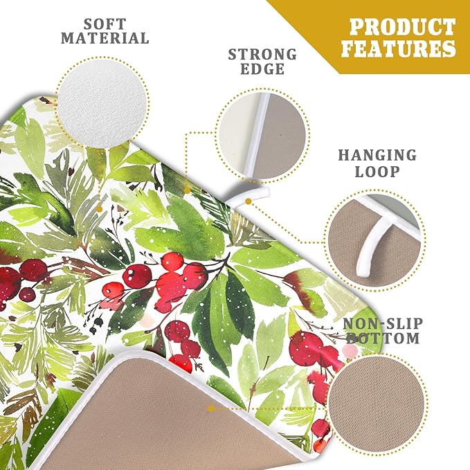 Watercolor Christmas Dish Drying Mat 16 x 18 Inch With Absorbent Reversible Microfiber Green Leaves Red Berry Xmas Drying Mats Winter Holiday Dish Drainer Mat Fast Dry For Kitchen Dining Room