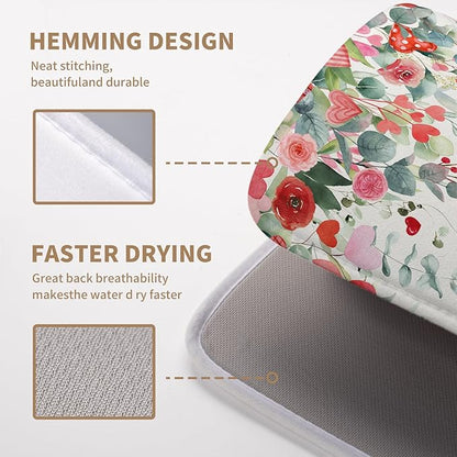 Valentines Day Love Heart Rose Eucalyptus Leaves Dish Drying Mat for Kitchen Counter 16x18 Inch Spring Valentine Microfiber Absorbent Dish Drainer Mats Reversible Drying Pad