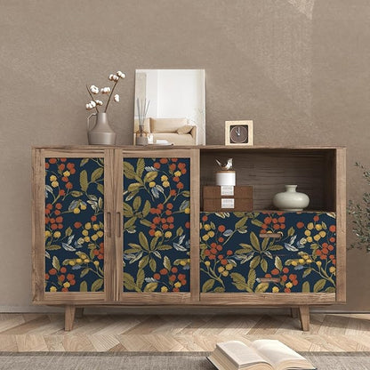 Laatse Navy Blue Floral Wallpaper Peel and Stick, Vintage Contact Paper 17.5" x 118", Dark Leaf Botanical Boho Wall Paper Self Adhesive Waterproof Removable for Room Shelve Cabinet Drawer Table Decor