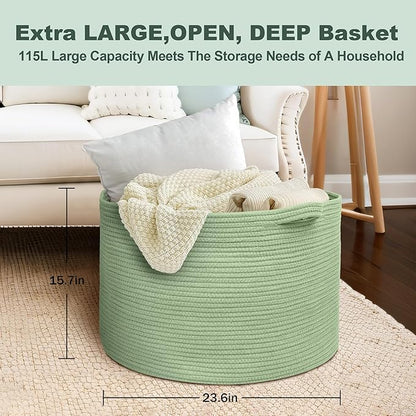 115L Oversized Green Basket, 23.6"x15.7" Woven Cotton Rope Bin for Blankets, Nursery Wicker Laundry Hamper, Kids Toy Storage Bin, Sage Green Living Room Bedroom Decor Baskets for Organizing