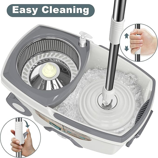 Mop and Bucket with Wringer Set,Spin Mop and Bucket System, Mops for Floor Cleaning,Household Supplies Tools with 6 Replacement Refills,61" Extended Handle for Household Hardwood Floor - White