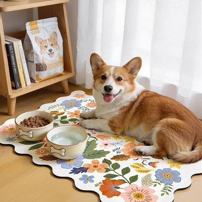 LOKHOM Scalloped Floral Dish Drying Mat, 18"x24" Super Absorbent Coffee Mat with Unique Spring Wildflowers, Cuttable Hide Stain Non-slip Drying Mat for Kitchen Counter Coffee Maker Espresso Machine