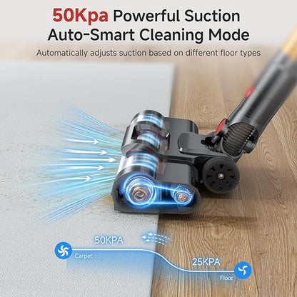 Cordless Vacuum Cleaner, 550W/50Kpa/70Mins Vacuum Cleaners for Home with Smart Auto Mode/LED Touch Display, Self-Standing Cordless Stick Vacuum Rechargeable, Vacuum Cleaner for Pet Hair/Carpet/Floors
