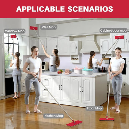 JOYMOOP Flat Mop, Microfiber Mops for Floor Cleaning and Wall Cleaner, 50" Mops with 13" Flat Head with a Microfiber Mop Pad - Black & Red